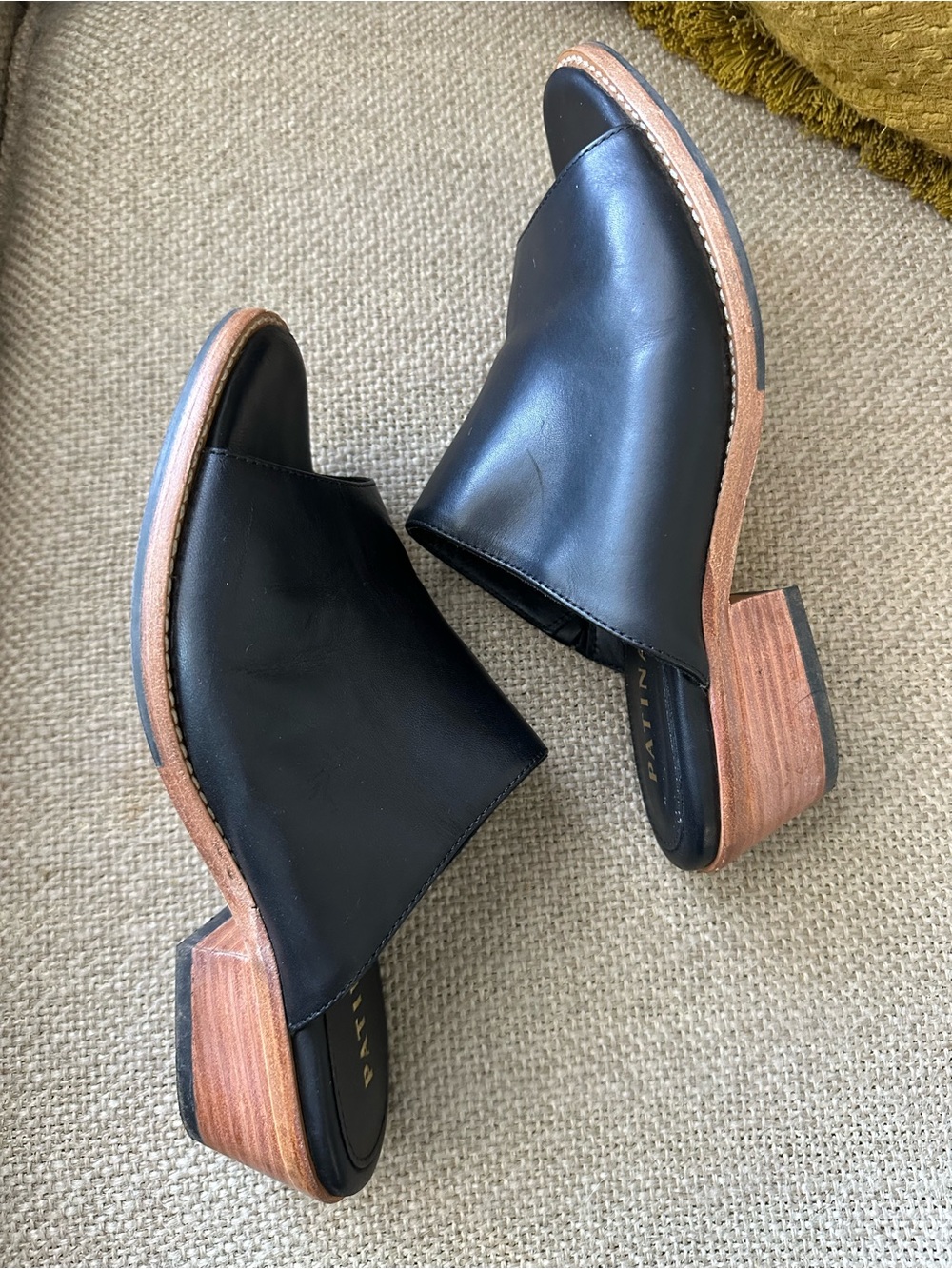 Portland Leather Black Open Tow Open-Back Mule with Wood-Effect Heel